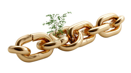 Obraz premium Breaking The Chains: A symbolic representation of breaking free, as a plant emerges from within a golden chain, symbolizing freedom, growth, and the power to overcome limitations.