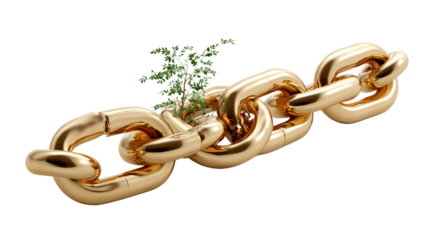 Breaking The Chains: A symbolic representation of breaking free, as a plant emerges from within a golden chain, symbolizing freedom, growth, and the power to overcome limitations.
