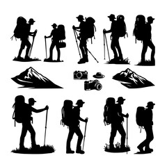 Big set of mountaineer climber hiker people, vector silhouette collection