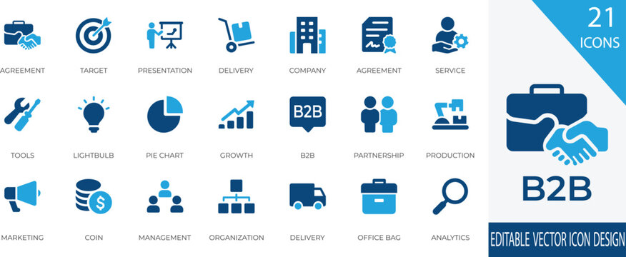 A modern B2B solid icon set featuring essential business concepts like partnership, marketing, growth, agreement, and strategy. Perfect for corporate presentations, digital platforms, and business 