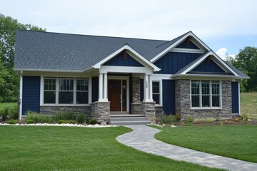 Modern farmhouse with dark blue siding and stone accents