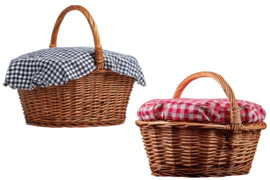 Woven Picnic Baskets With Red And Blue Checkered Fabrics On Transparent Background