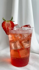 Strawberry Refreshment: A close-up of a vibrant refreshing strawberry beverage with ice cubes, crowned by a succulent strawberry slice, evoking freshness and delight. 