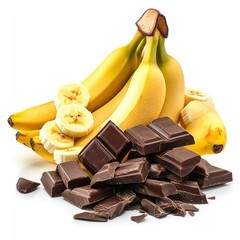 A bunch of ripe yellow bananas and a pile of broken dark chocolate pieces against a white background