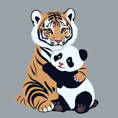 tiger and panda hugging on gray background