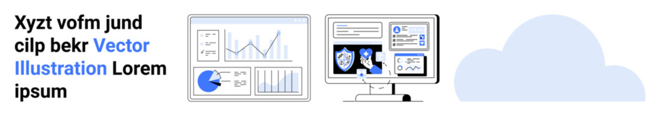 Analytics dashboards with charts, graphs, and security system interface. Desktop computer and cloud graphic highlight data monitoring. Ideal for tech, analytics, security, IT, cloud computing