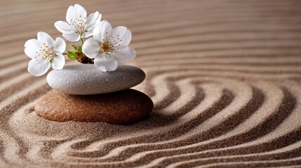Serene Arrangement of Pebbles and Cherry Blossom on a Gentle Sand Background Featuring Calm Lines and Textures for Relaxation and Meditation Themes