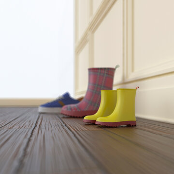 3D rendering of colorful boots and a sneaker on a wooden floor at home