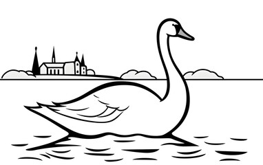 Naklejka premium A simple line art coloring page depicting a swan swimming.