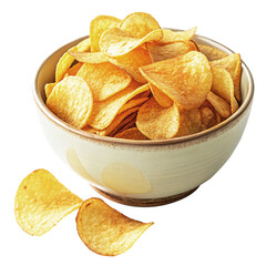 Snack bowl of savory potato chips party food isolated on transparent background