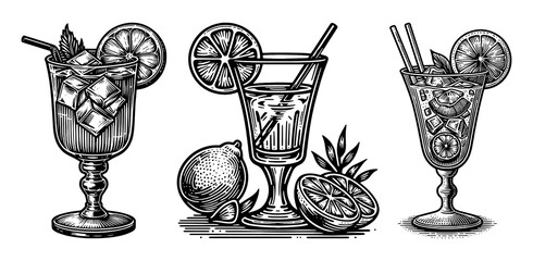 citrus cocktails in decorative glasses with ice cubes, lemon slices, and straws Set collection bundle sketch engraving generative ai PNG illustration. Scratch board imitation. Black and white.