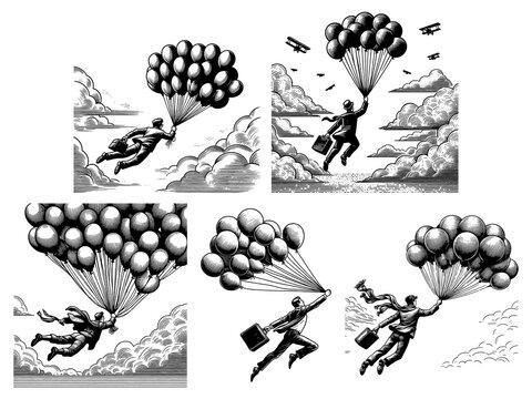 businessmen flying through the sky, holding bunches of balloons Set collection bundle sketch engraving generative ai PNG illustration. Scratch board imitation. Black and white image.