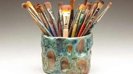 Handmade pottery brush holder filled with paintbrushes