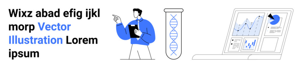 Scientist reviewing DNA strand in test tube while pointing to a clipboard, paired with statistical data visuals on a laptop. Ideal for science, research, technology, medical, education, innovation