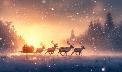 artistic depiction of reindeer pulling a sleigh across a snowy meadow under softly falling snow, Generative AI