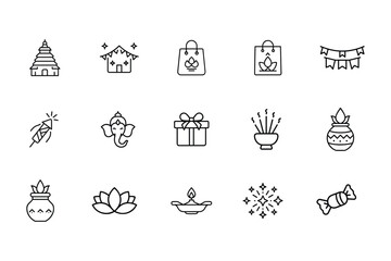 diwali line art icon set