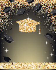Graduation ceremony banner with graduate caps and gold confetti. Luxury invitation card for grads party or other graduation celebration design. Vector illustration.