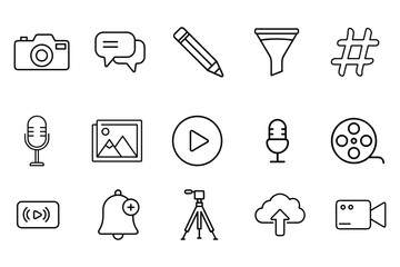 Media & Content Creation Line Icon Set – Video, Podcast, Photo & Social UI Elements