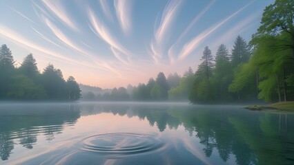 Alfajar sky over a calm forest lake reflecting the pastel hues of early morning light