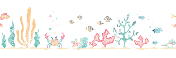 Cartoon underwater border with sea life. Seaweed, coral, shells, fish and a crab. Hand-painted watercolor illustration. Great for nursery decor, kids textiles, stationery, party supplies