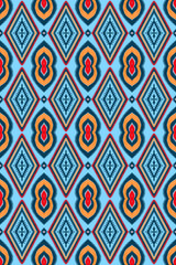 Blue and yellow orange on ethnic motif inspired geometric, hand drawn pattern with line art diamond shapes wallpaper textiles background.