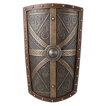 Roman scutum shield standing upright, featuring a central boss and intricate decorative elements, isolated on a transparent background, perfect for historical or fantasy projects