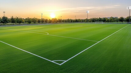 Fototapeta premium This image depicts a meticulously maintained sports field likely for soccer or football with a vibrant green playing surface and crisp white boundary lines running across the expanse