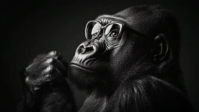 A gorilla wearing glasses is looking at the camera. The image has a serious and contemplative mood