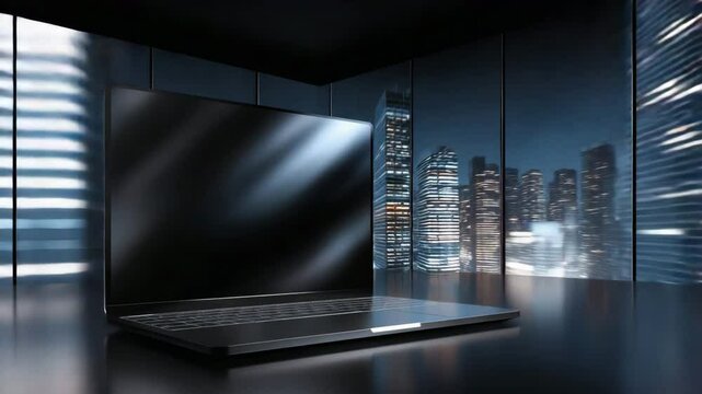 Modern laptop placed on a desk in a cozy room with ambient lighting and minimalist decor