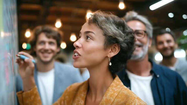 A multicultural team brainstorms on a mindmap in a contemporary office setting.