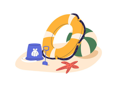 Summer holiday beach with lifebuoy, ball, toys, bucket and shovel, starfish on sand. Seaside vacation equipment, accessories for sea resort. Flat vector illustration isolated on white background.