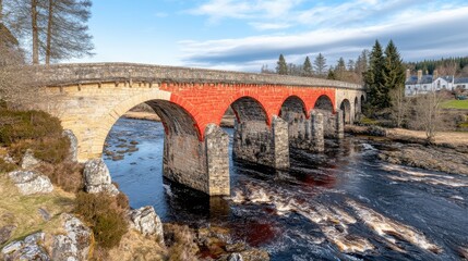 Fototapeta premium Historic stone bridge over river with vibrant red arches