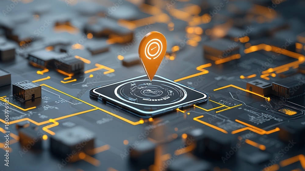 Poster a digital map interface displaying a glowing location pin representing advanced technology data visu