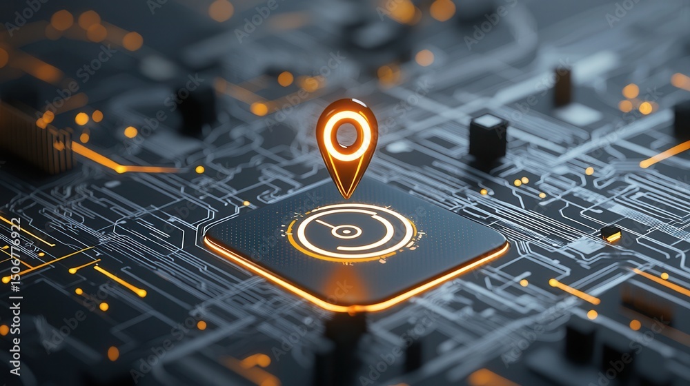 Poster a visually striking digital map interface featuring a glowing pin that highlights a specific locatio