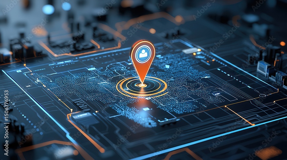 Poster a futuristic high tech digital map interface featuring a glowing gps pin representing advanced locat