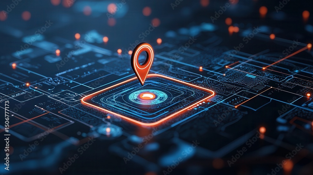 Poster this visually striking image depicts a futuristic digital global map with a glowing location indicat