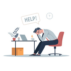 Professional burnout syndrome concept. Tired man with low energy sits in office and works on laptop at workplace. Vector flat illustration