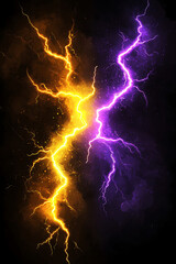 Vibrant bolts of yellow and purple lightning clash against a dark stormy background