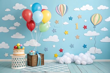 First birthday balloon hot air balloon party setup