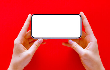 Horizontal mobile phone camera screen mockup on red background