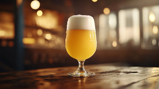 Glass of beer on a wooden table in a pub.  An alcoholic intoxicating drink.