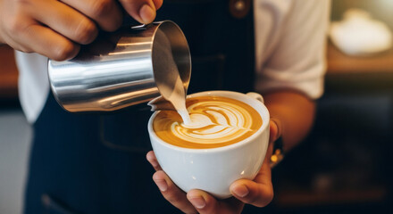 Close-up of skilled barista creating beautiful latte art on creamy coffee, capturing the artistry, precision, and passion behind specialty coffee preparation in a cozy café setting
