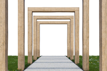 Gravel walking path and wooden frame entrance. 3d rendering of nature garden with empty background.
