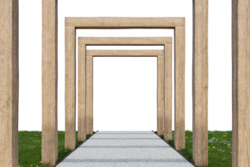 Gravel walking path and wooden frame entrance. 3d rendering of nature garden with empty background.