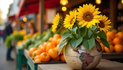 Sunflowers sprout from a globe on a fall market stall, Sunflowers for sale, Farmers Market, created with generative ai
