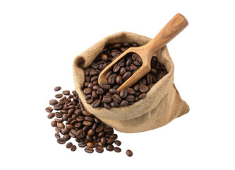 Top view of a wooden scoop of roasted coffee beans in a sack bag isolated on a transparent background png drinks design 