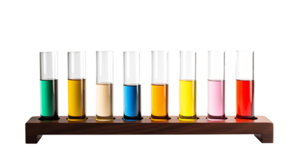 Colorful liquids in test tubes on a dark wooden stand vibrant experiment science chemistry lab glassware