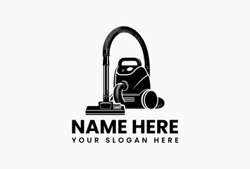 Stylized black and white vector logo illustration of a modern canister vacuum cleaner with hose and cleaning head. Household appliance concept