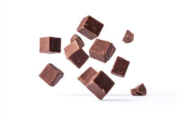 Falling milk chocolate cubes isolated on white background