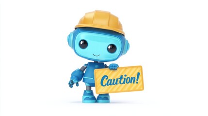 Obraz premium cute blue robot mascot wearing safety helmet holding caution sign